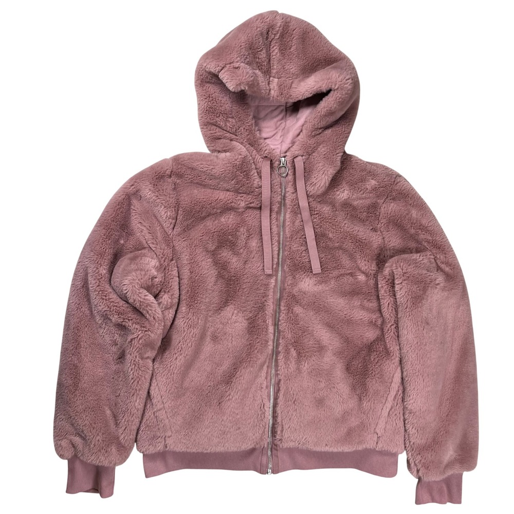 Athleta Ritual Faux Fur Bomber Women Sz M Pink Full Zip Teddy Jacket Cozy Hoodie